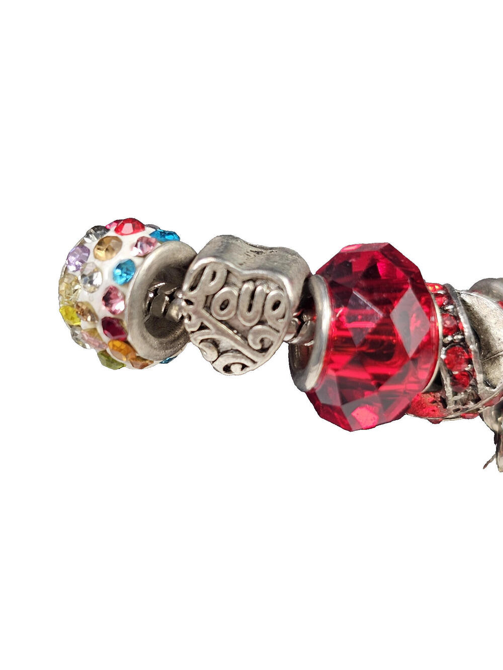 925 Charm Bracelet w 14 Charms & Safety Chain Red Love Glass, Enamel, Filigree - Picture 3 of 13
